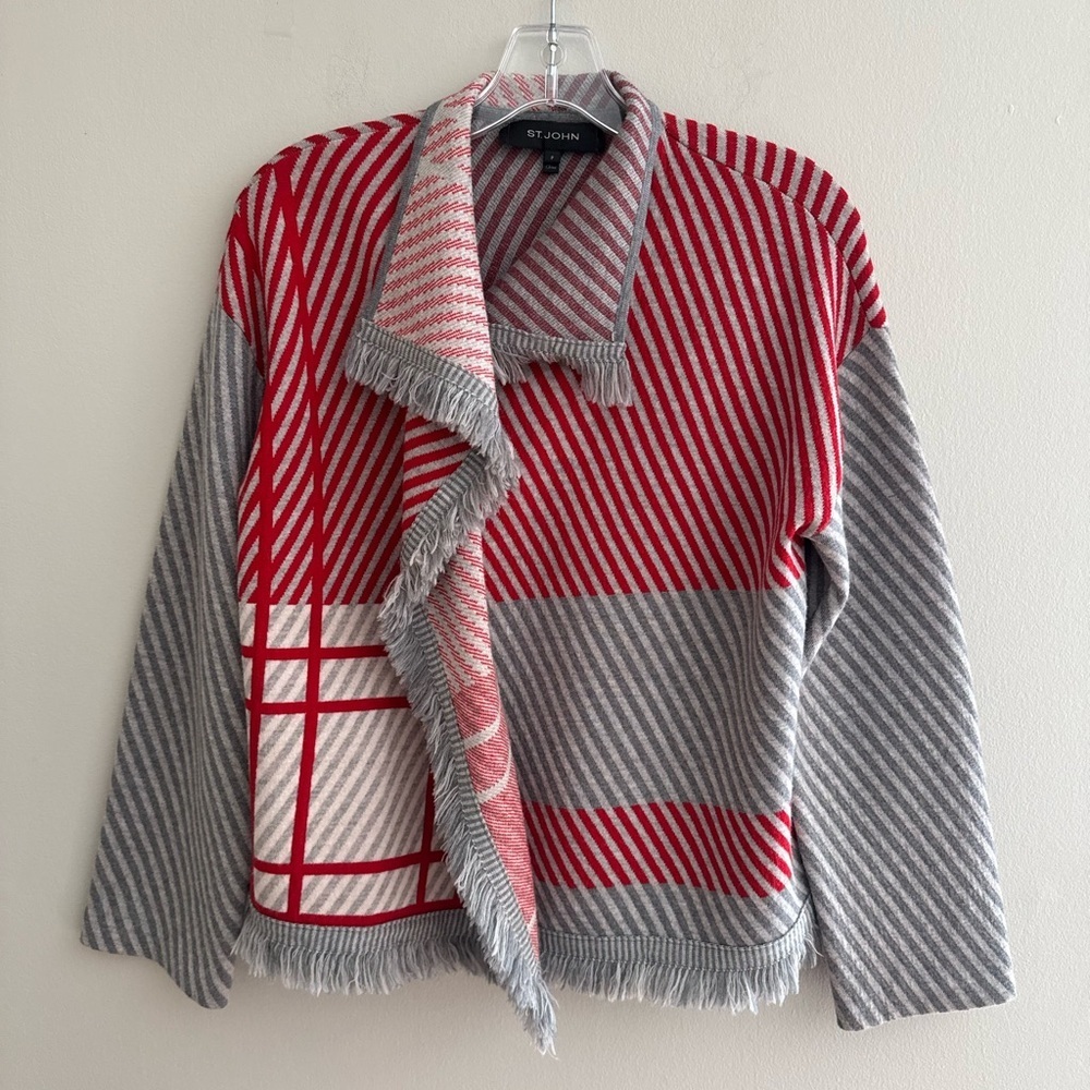 St. John Red & Gray Striped Fringe Open Cardigan Sweater 100% wool